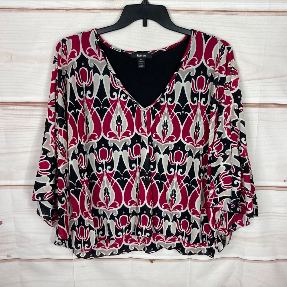Style&Co Top Womens XL Red Black Geometric Blouse Mesh Knit Poncho V-Neck Layer